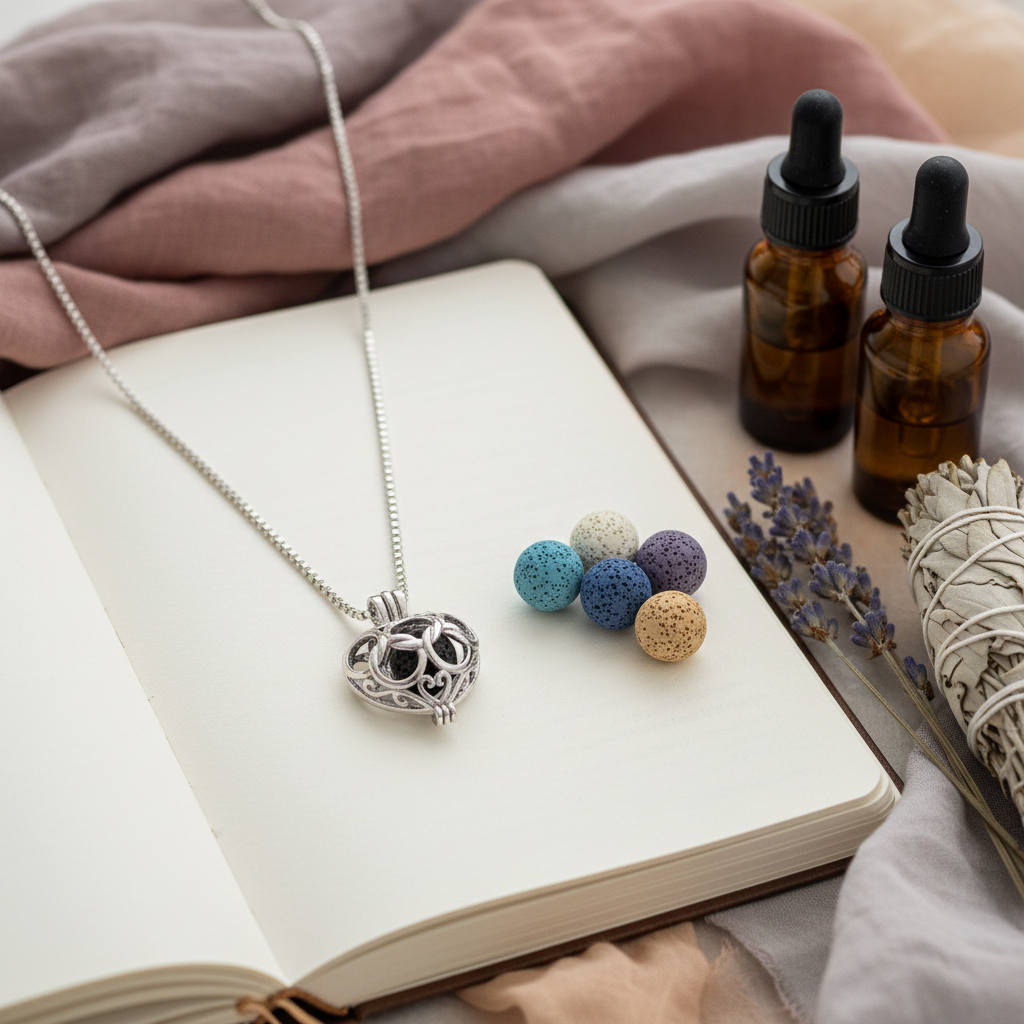 A silver heart-shaped cage diffuser necklace resting on an open journal beside six interchangeable lava stone beads, amber oil bottles, and dried lavender. — for Carpe Diem Dream