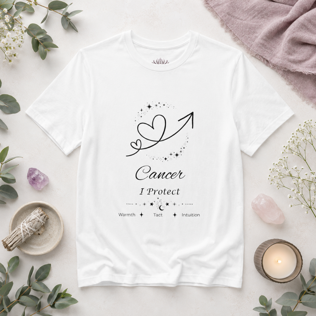 Cancer Rising I Protect zodiac T-shirt in white with black celestial heart and arrow artwork and Warmth, Tact, Intuition text, styled in a cool-toned studio botanical flat lay. — for Carpe Diem Dream
