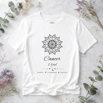 Cancer Sun I Feel zodiac T-shirt in athletic heather with black sun-inspired mandala artwork and Intuition, Compassion, Devotion text, styled in a cool-toned studio botanical flat lay. — for Carpe Diem Dream