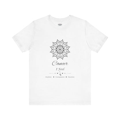 Cancer Sun I Feel zodiac T-shirt in white with black sun-inspired mandala artwork and Intuition, Compassion, Devotion text, shown flat in a supplier mockup. — for Carpe Diem Dream