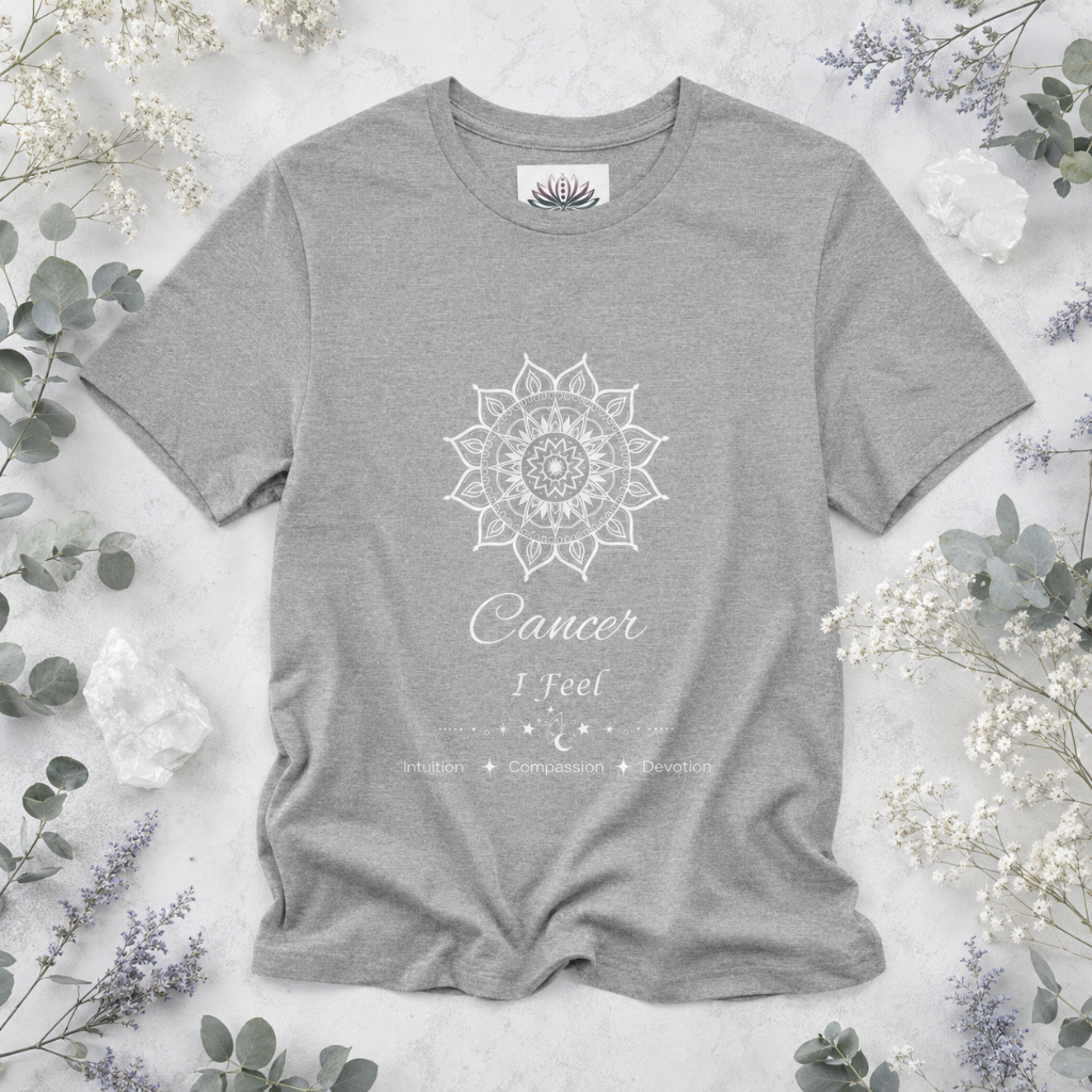 Cancer Sun I Feel zodiac T-shirt in athletic heather with white sun-inspired mandala artwork and Intuition, Compassion, Devotion text, styled in a cool-toned studio botanical flat lay. — for Carpe Diem Dream