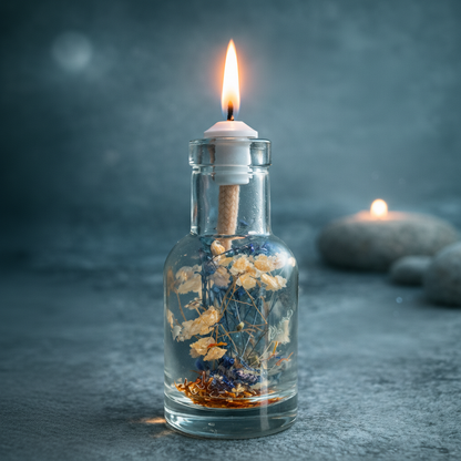 A close-up of a Cancer zodiac oil candle in a clear glass vessel reveals embedded soft white and blue botanicals as it burns with a steady flame on a textured stone surface. — for Carpe Diem Dream