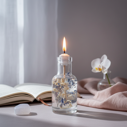A Cancer zodiac oil candle in a clear glass vessel with embedded white and blue botanicals is placed beside an open book, a white orchid, and soft draped fabric on a calm neutral surface, suggesting quiet reading and reflection. — for Carpe Diem Dream