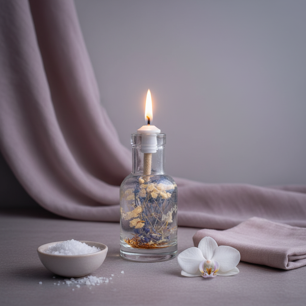 A Cancer zodiac oil candle in a clear glass vessel with embedded white and blue botanicals is styled on soft draped linen beside a bowl of sea salt and a white orchid in a calm, spa-like setting. — for Carpe Diem Dream