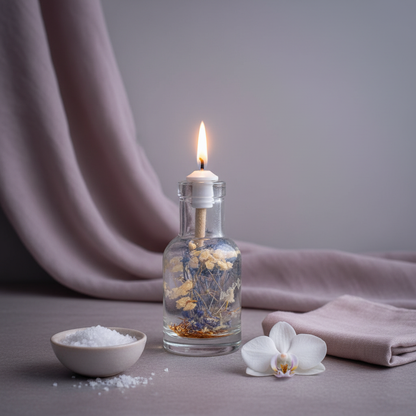 A Cancer zodiac oil candle in a clear glass vessel with embedded white and blue botanicals is styled on soft draped linen beside a bowl of sea salt and a white orchid in a calm, spa-like setting. — for Carpe Diem Dream