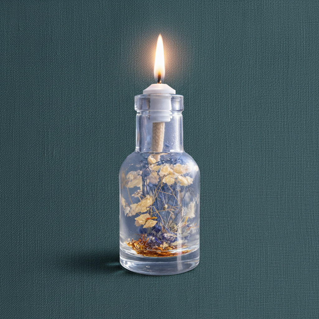A Cancer zodiac oil candle in a clear glass vessel with embedded soft white and blue botanicals burns with a steady flame against a deep teal textured background. — for Carpe Diem Dream