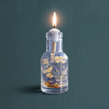 A Cancer zodiac oil candle in a clear glass vessel with embedded soft white and blue botanicals burns with a steady flame against a deep teal textured background. — for Carpe Diem Dream