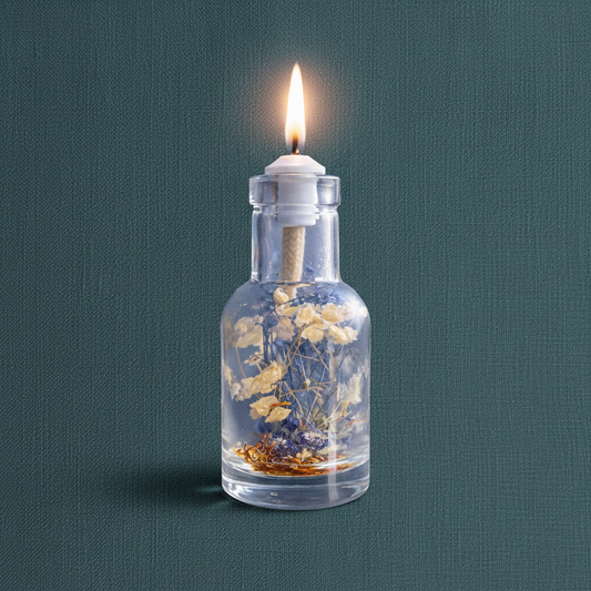 A Cancer zodiac oil candle in a clear glass vessel with embedded soft white and blue botanicals burns with a steady flame against a deep teal textured background. — for Carpe Diem Dream