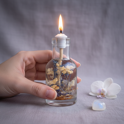 A hand holds a Cancer zodiac oil candle in a clear glass vessel with embedded white and blue botanicals beside a white orchid and moonstone on a soft linen surface, showing scale. — for Carpe Diem Dream