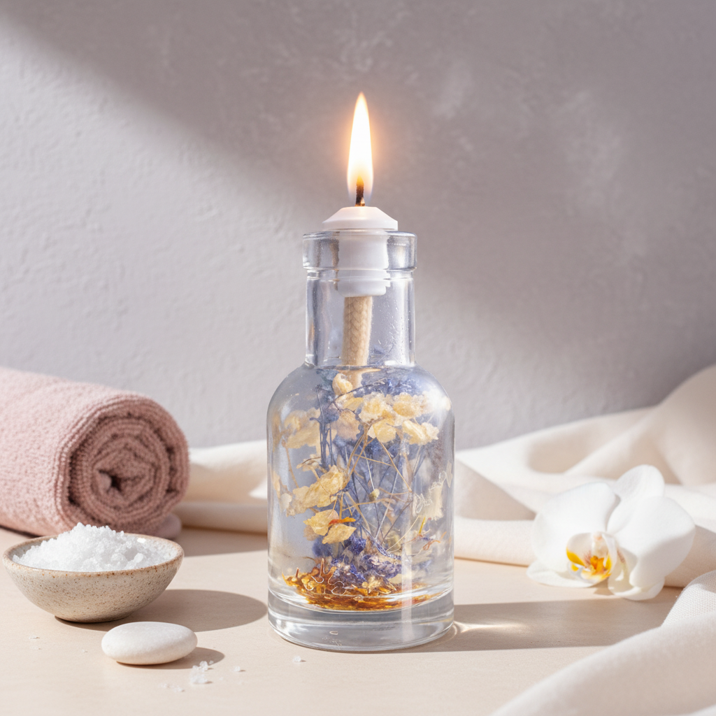 A Cancer zodiac oil candle in a clear glass vessel with embedded white and blue botanicals is styled with a rolled towel, sea salt, and a white orchid on a soft neutral surface in a calm spa setting. — for Carpe Diem Dream