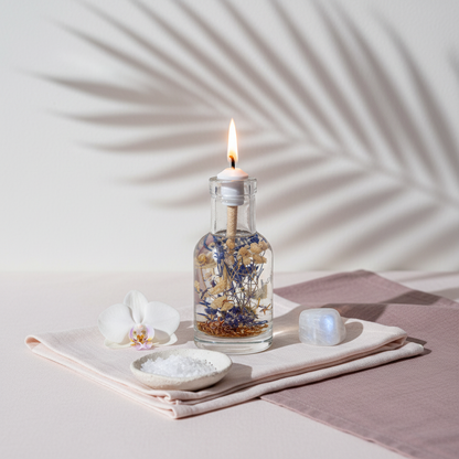 A Cancer zodiac oil candle in a clear glass vessel with embedded white and blue botanicals is styled on soft linen with an orchid, sea salt dish, and moonstone under gentle botanical shadows. — for Carpe Diem Dream