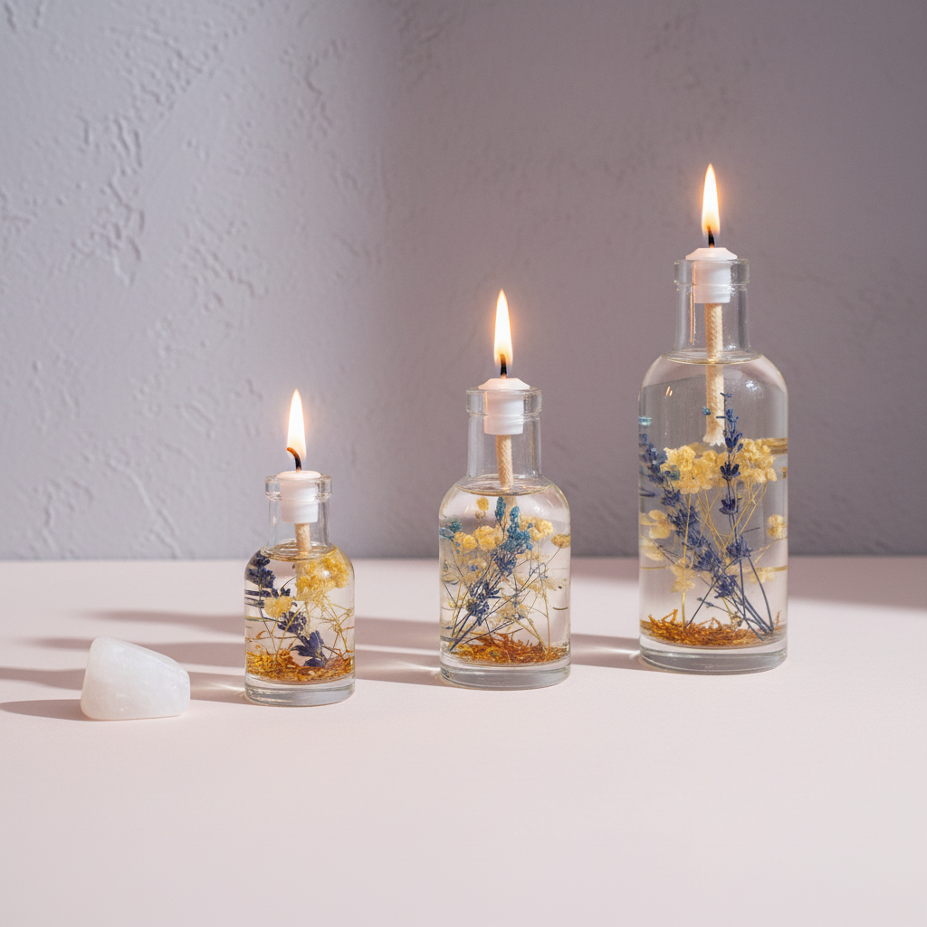 Three Cancer zodiac oil candles in different sizes are displayed in clear glass vessels with embedded white and blue botanicals beside a small white stone on a neutral surface, showing size variation. — for Carpe Diem Drea