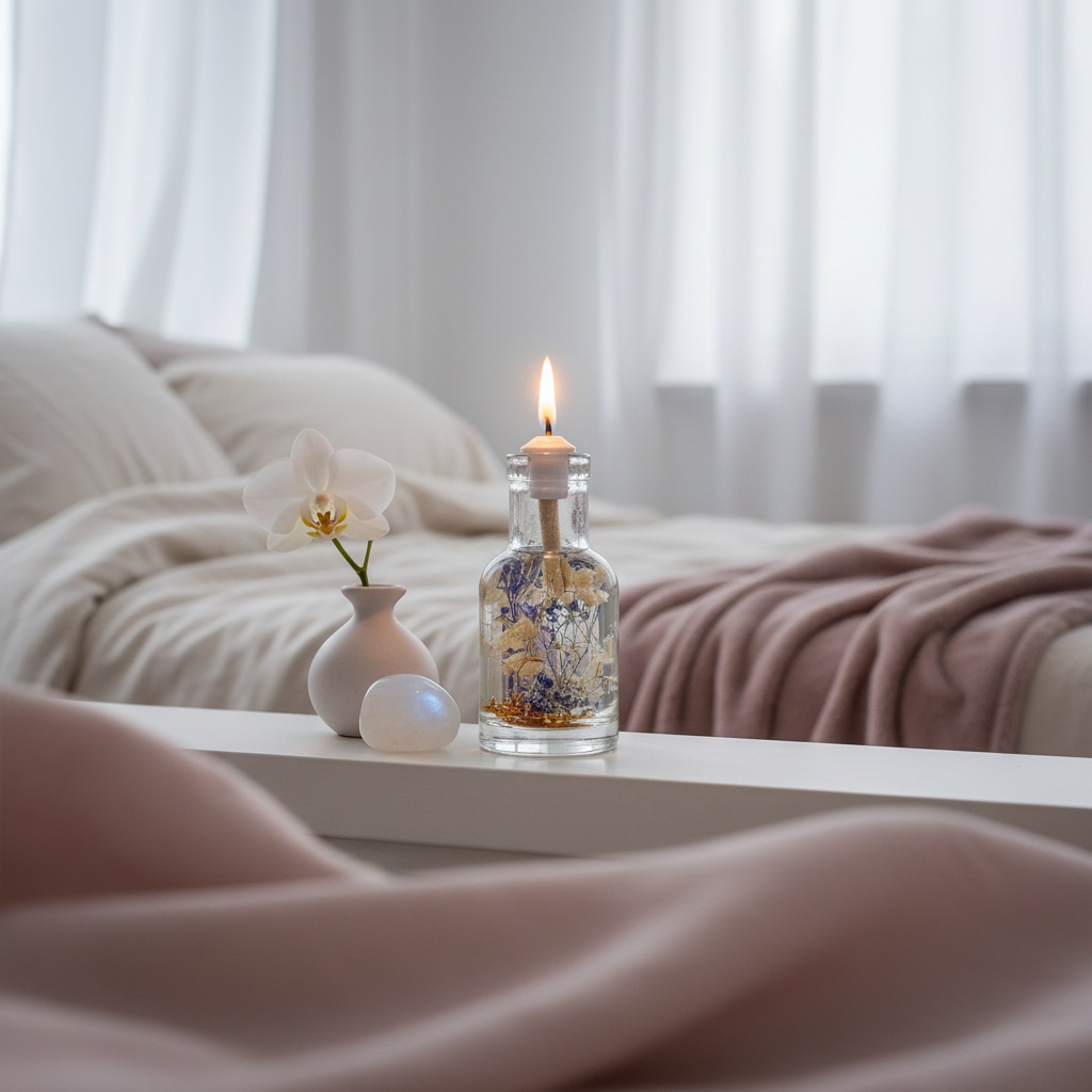 A Cancer zodiac oil candle in a clear glass vessel with embedded white and blue botanicals sits on a bedside table beside a small vase with an orchid and a stone, with soft bedding and natural light in the background. — for Carpe Diem Dream