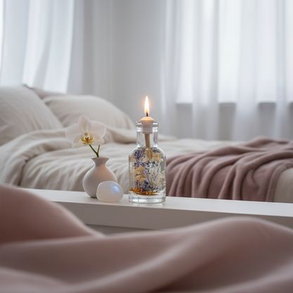 A Cancer zodiac oil candle in a clear glass vessel with embedded white and blue botanicals sits on a bedside table beside a small vase with an orchid and a stone, with soft bedding and natural light in the background. — for Carpe Diem Dream