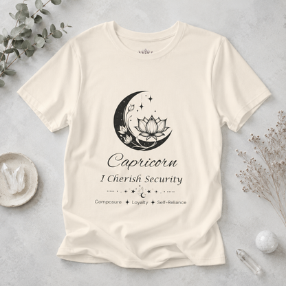 Capricorn Moon I Cherish Security zodiac T-shirt in Natural with black moon-inspired lotus, floral, and celestial artwork and Composure, Loyalty, Self-Reliance text, styled in a cool-toned studio botanical flat lay. — for Carpe Diem Dream
