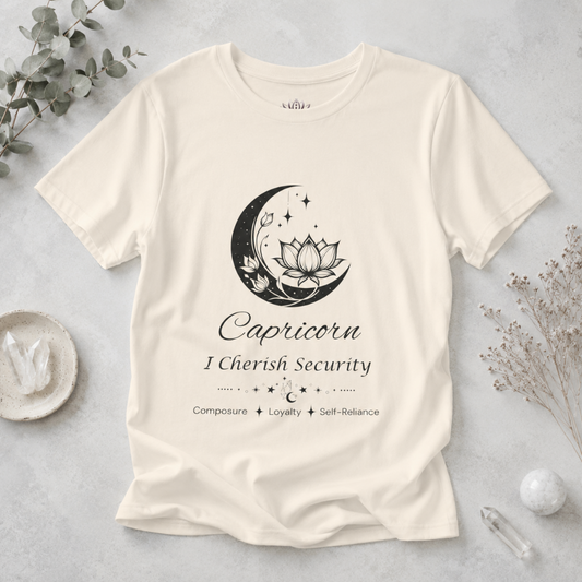 Capricorn Moon I Cherish Security zodiac T-shirt in Natural with black moon-inspired lotus, floral, and celestial artwork and Composure, Loyalty, Self-Reliance text, styled in a cool-toned studio botanical flat lay. — for Carpe Diem Dream