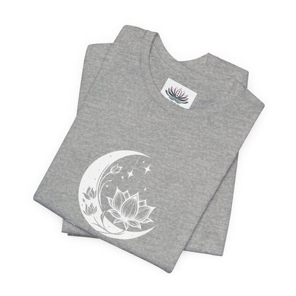 Capricorn Moon I Cherish Security zodiac T-shirt in Athletic Heather with white moon-inspired lotus, floral, and celestial artwork, shown folded in a supplier mockup. — for Carpe Diem Dream
