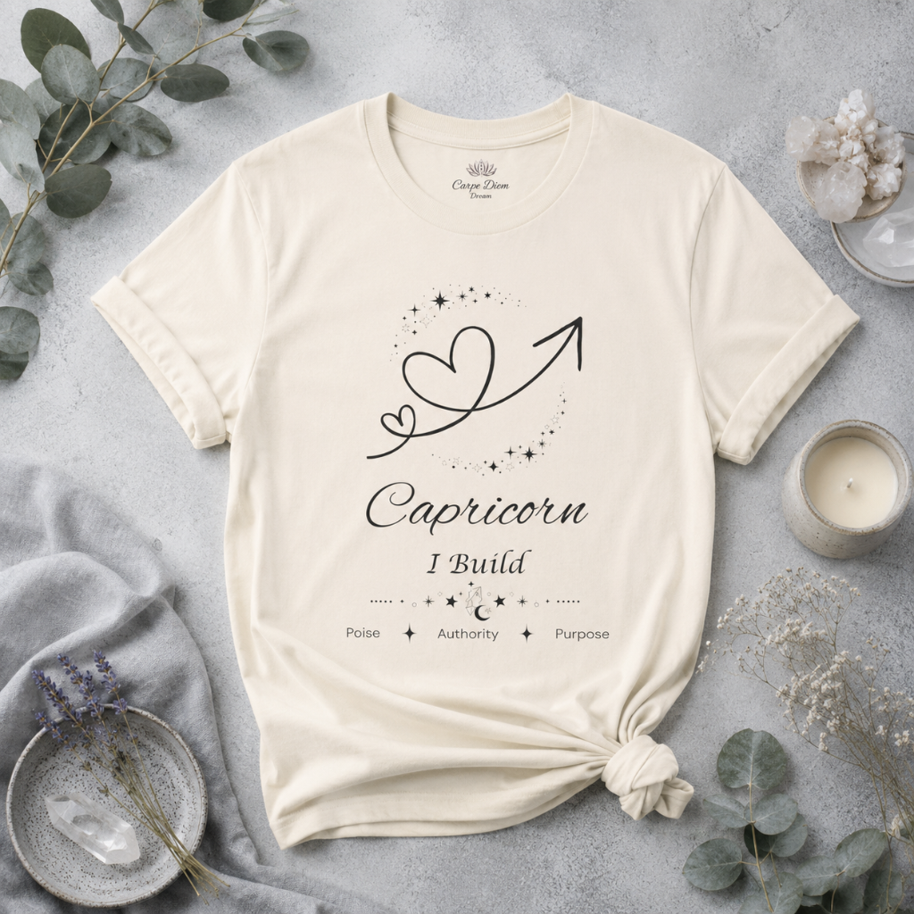 Capricorn Rising I Build zodiac T-shirt in Natural with black celestial heart and arrow artwork and Poise, Authority, Purpose text, styled in a cool-toned studio botanical flat lay. — for Carpe Diem Dream