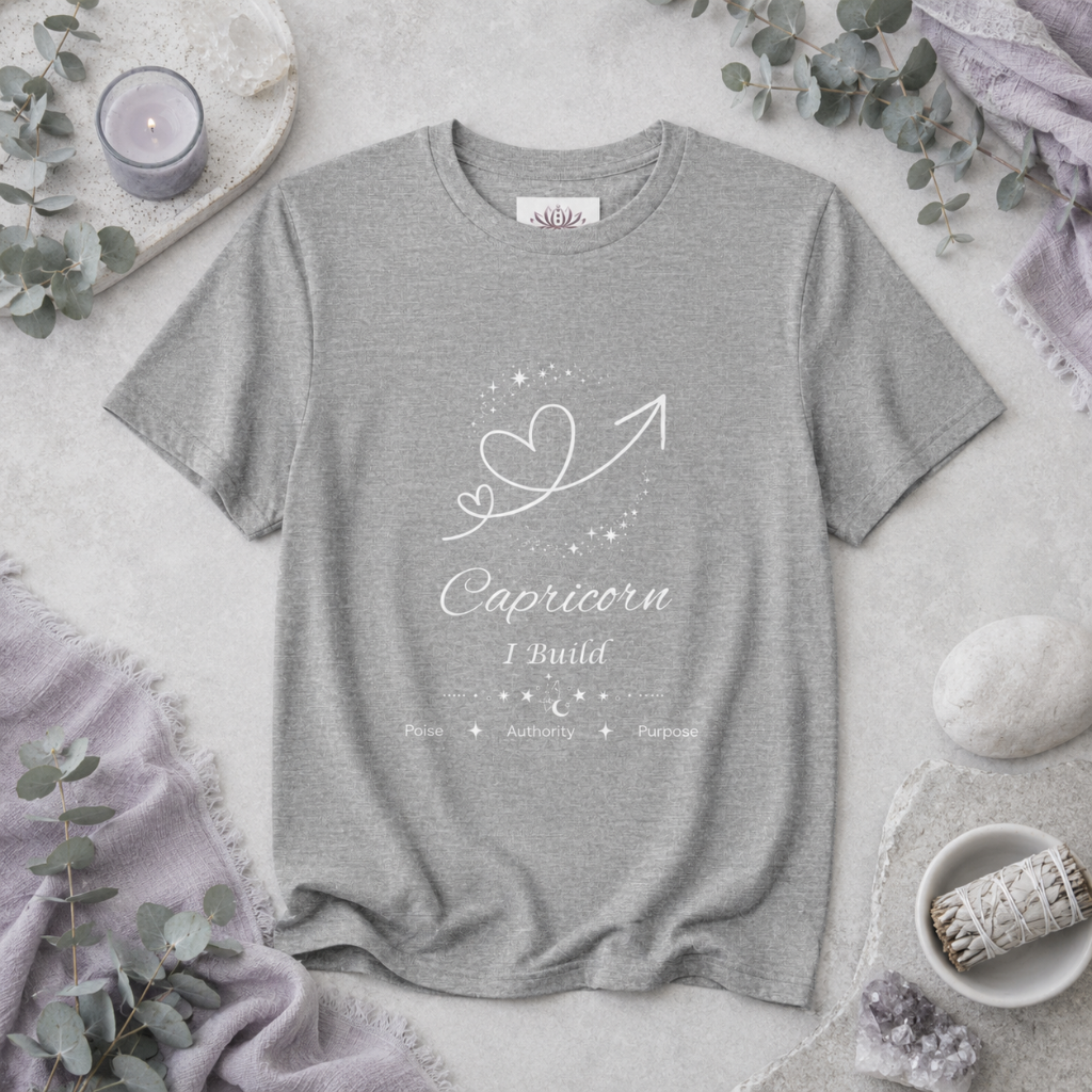 Capricorn Rising I Build zodiac T-shirt in Athletic Heather with white celestial heart and arrow artwork and Poise, Authority, Purpose text, styled in a cool-toned studio botanical flat lay. — for Carpe Diem Dream