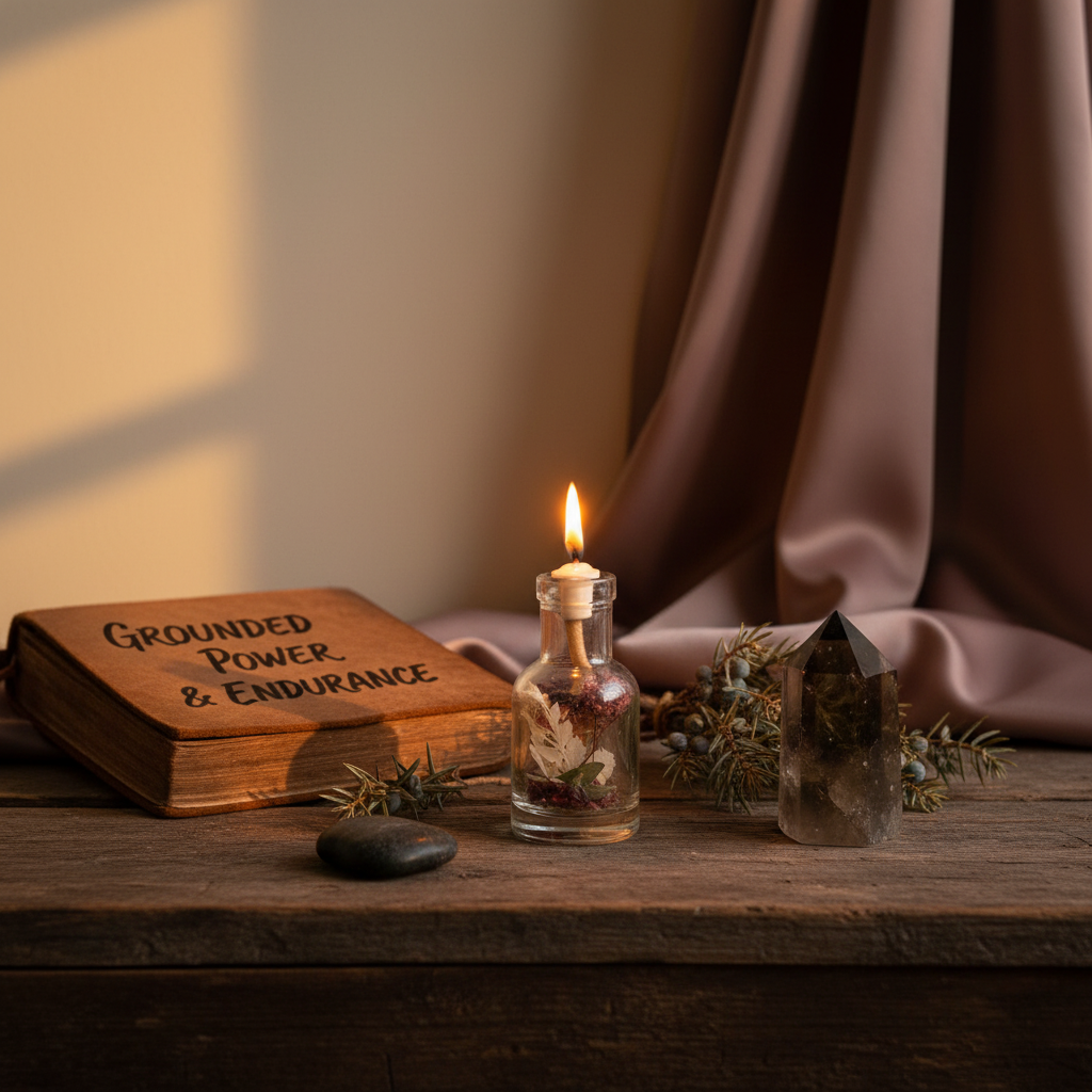 A Capricorn zodiac oil candle in a clear glass vessel with embedded botanicals is styled on a wooden surface beside a book reading “Grounded Power & Endurance,” with a crystal, evergreen sprig, and soft draped fabric in warm natural light. — for Carpe Diem Dream