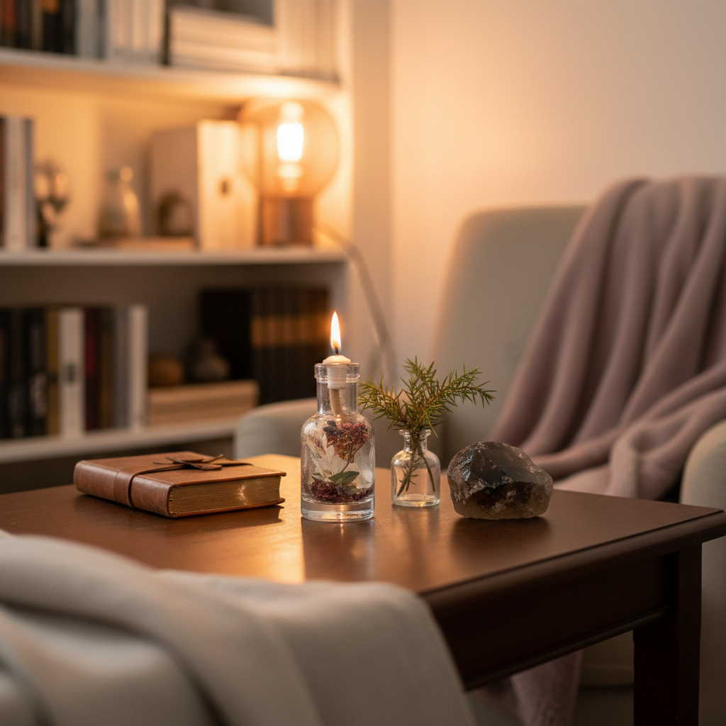 A Capricorn zodiac oil candle in a clear glass vessel with embedded botanicals is placed on a wooden table beside a book, evergreen sprig, and stone in a warm, softly lit living space. — for Carpe Diem Dream