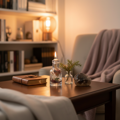 A Capricorn zodiac oil candle in a clear glass vessel with embedded botanicals is placed on a wooden table beside a book, evergreen sprig, and stone in a warm, softly lit living space. — for Carpe Diem Dream