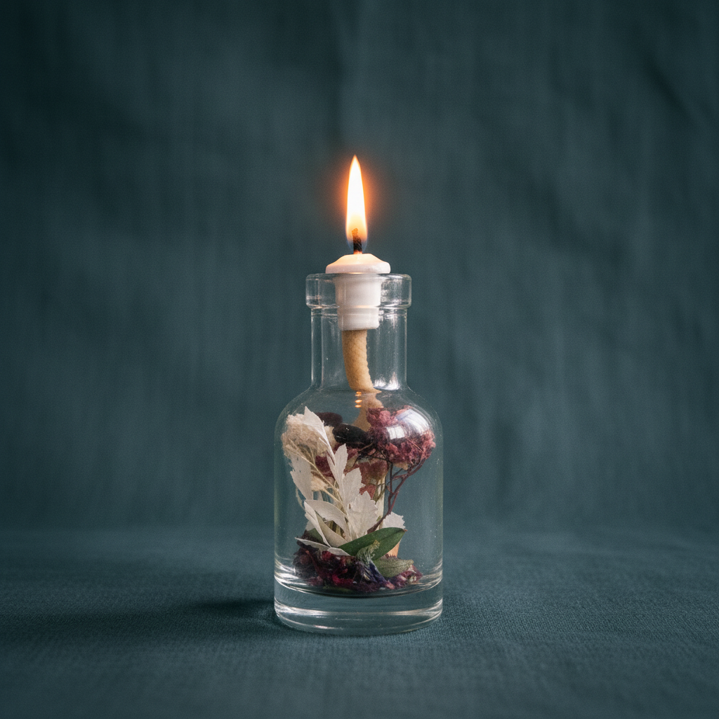 A Capricorn zodiac oil candle in a clear glass vessel with embedded botanicals burns with a steady flame against a deep teal textured background. — for Carpe Diem Dream