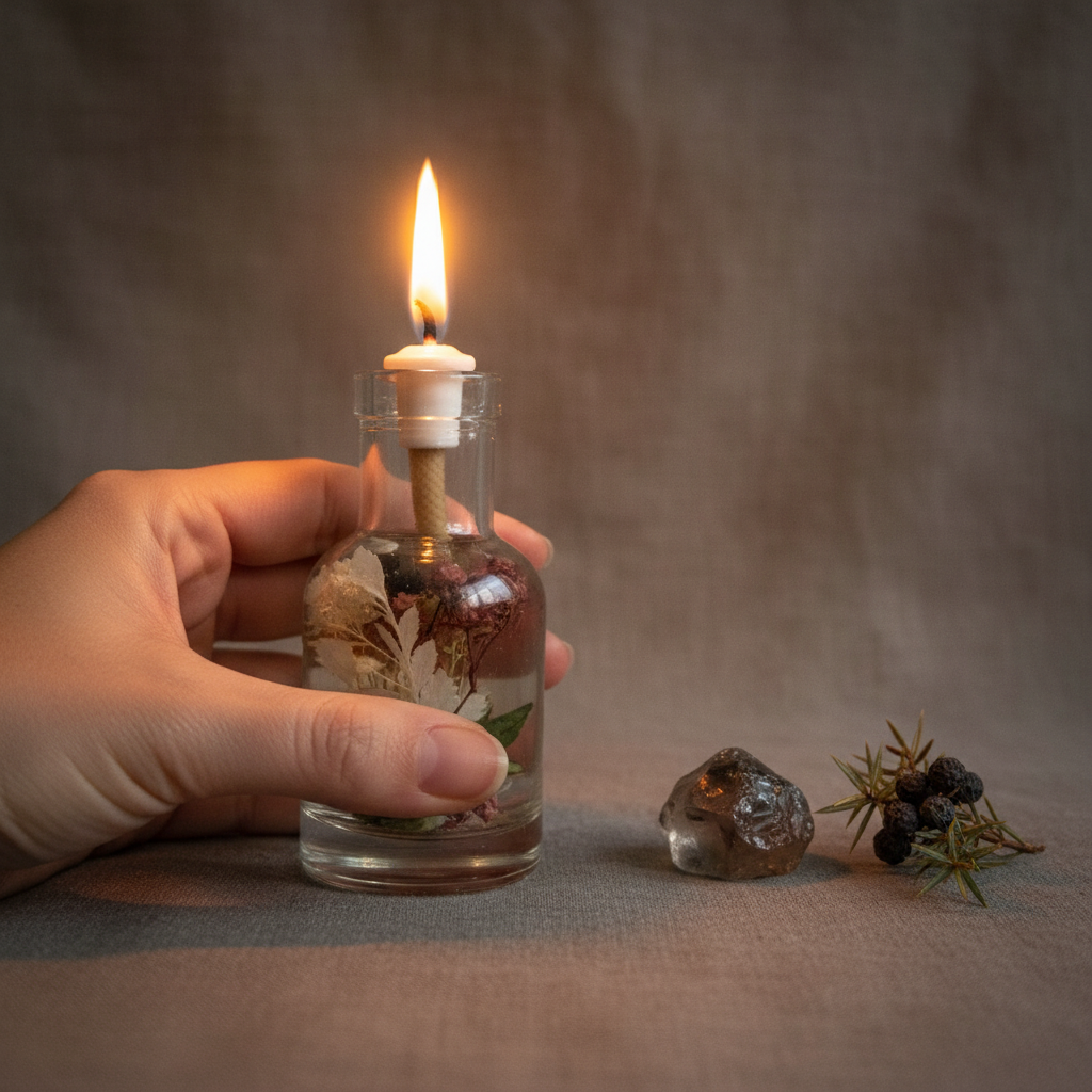 A hand holds a Capricorn zodiac oil candle in a clear glass vessel with embedded botanicals beside a stone and evergreen sprig on a warm neutral surface, showing scale. — for Carpe Diem Dream