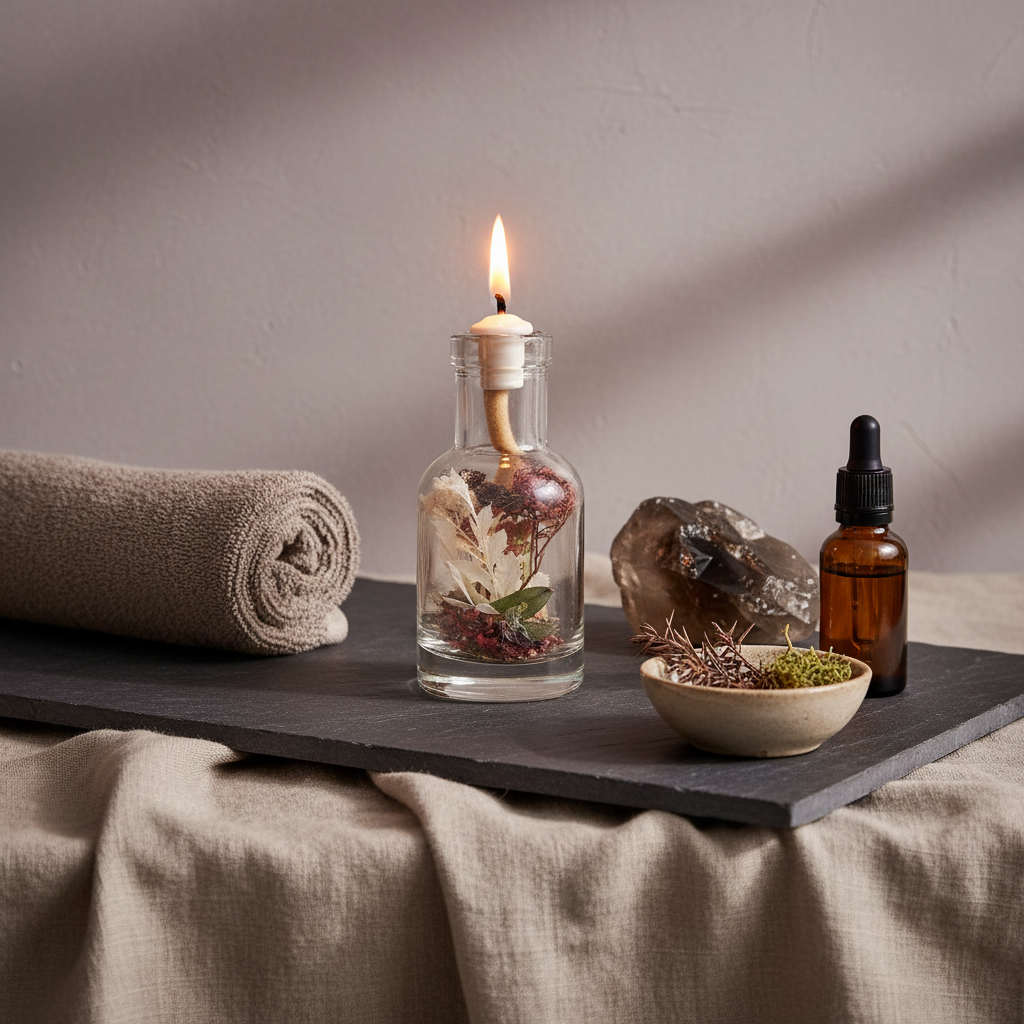 A Capricorn zodiac oil candle in a clear glass vessel with embedded botanicals is styled on a warm neutral surface with a rolled towel, amber bottle, stone, and evergreen sprig in a calm spa setting. — for Carpe Diem Dream