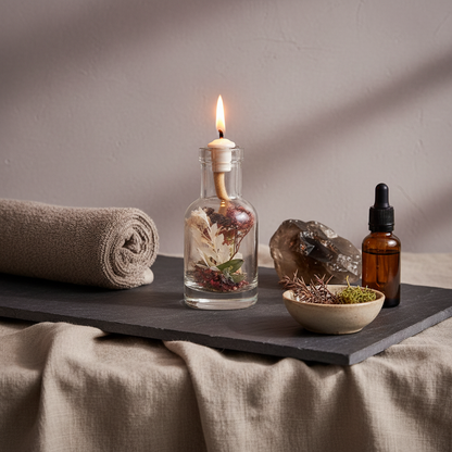 A Capricorn zodiac oil candle in a clear glass vessel with embedded botanicals is styled on a warm neutral surface with a rolled towel, amber bottle, stone, and evergreen sprig in a calm spa setting. — for Carpe Diem Dream