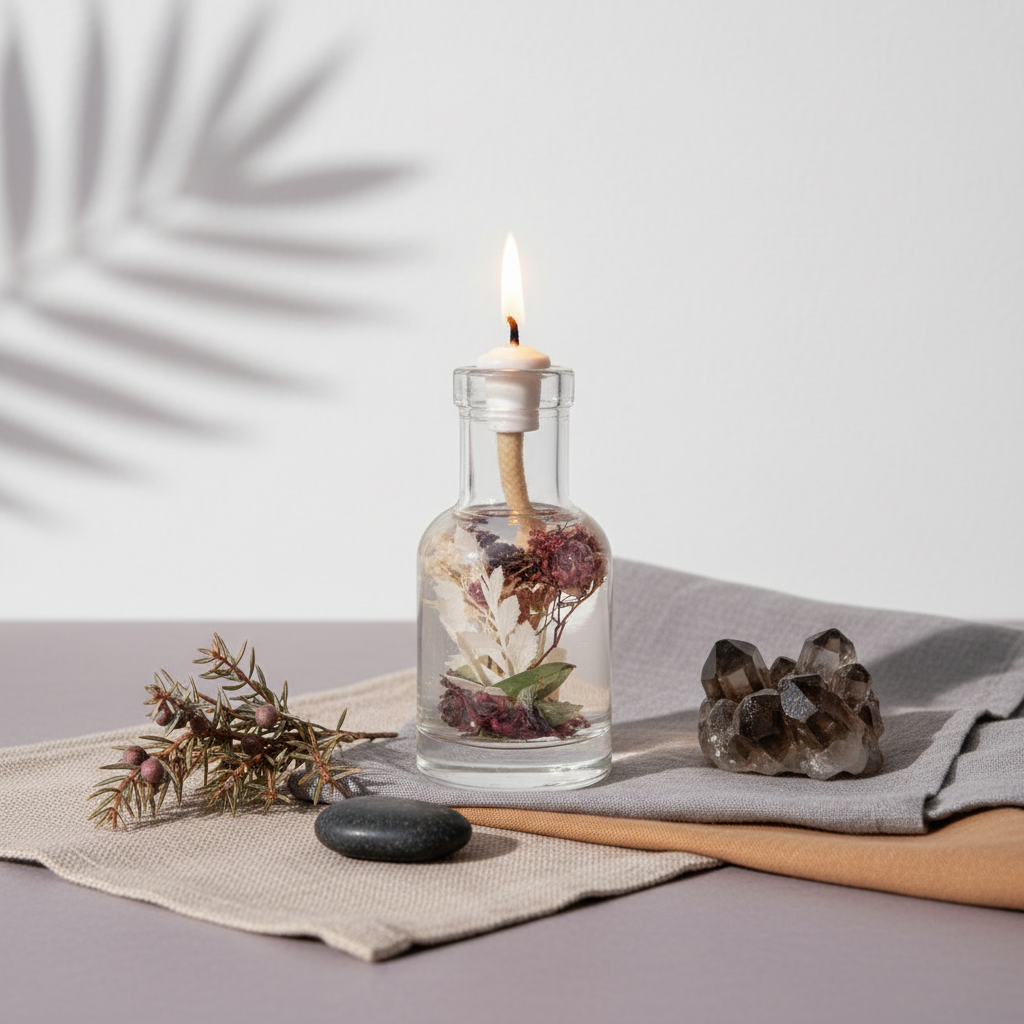 A Capricorn zodiac oil candle in a clear glass vessel with embedded botanicals is styled on layered neutral linen with a smoky crystal, evergreen sprig, and soft botanical shadows on a light textured wall. — for Carpe Diem Dream