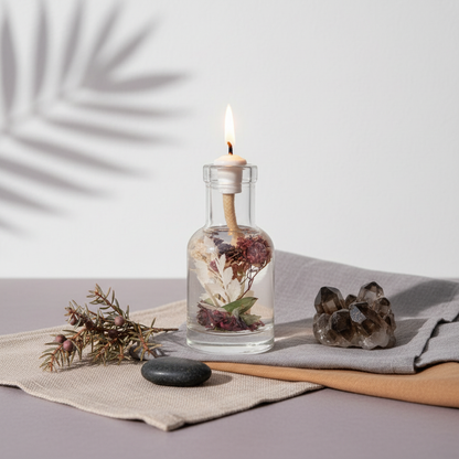 A Capricorn zodiac oil candle in a clear glass vessel with embedded botanicals is styled on layered neutral linen with a smoky crystal, evergreen sprig, and soft botanical shadows on a light textured wall. — for Carpe Diem Dream