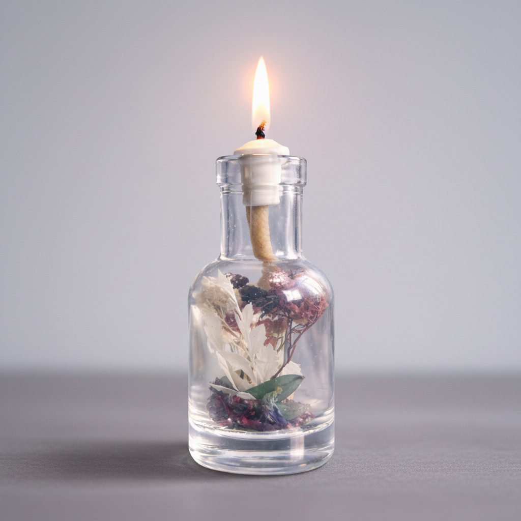 A Capricorn zodiac oil candle in a clear glass vessel with embedded botanicals burns with a steady flame on a soft neutral surface against a smooth light gray background. — for Carpe Diem Dream