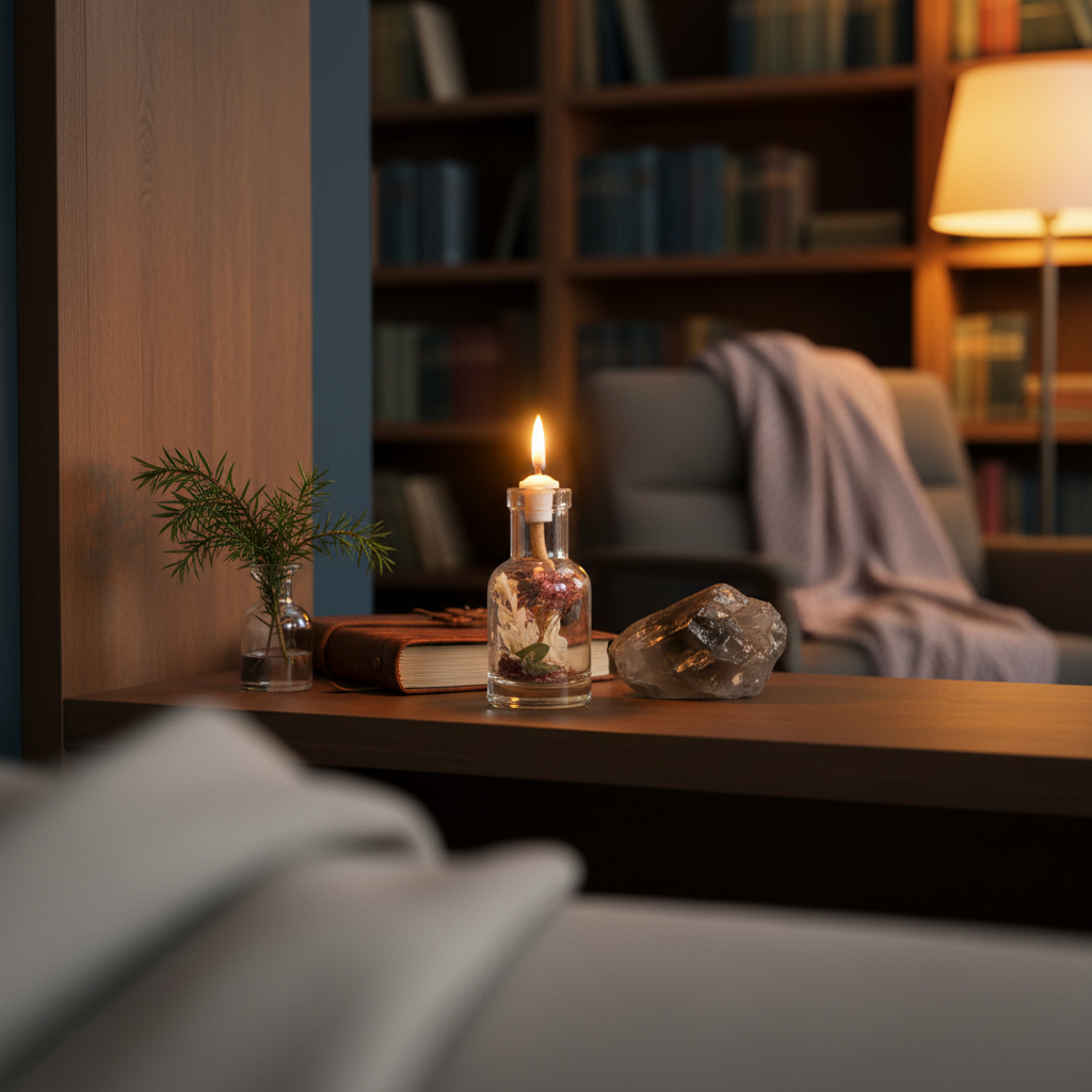 A Capricorn zodiac oil candle in a clear glass vessel with embedded botanicals glows on a wooden table beside a book, crystal, and evergreen sprig in a warm, softly lit home setting with a chair and bookshelf in the background. — for Carpe Diem Dream