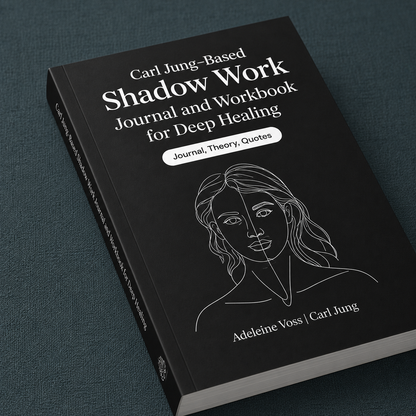 Carl Jung-Based Shadow Work Journal and Workbook for Deep Healing paperback by Adeleine Voss and Carl Jung displayed at a slight diagonal angle on a dark teal-grey linen surface (#374F59), highlighting the minimalist black cover, spine details, typography, print quality, and paperback construction — for Carpe Diem Dream