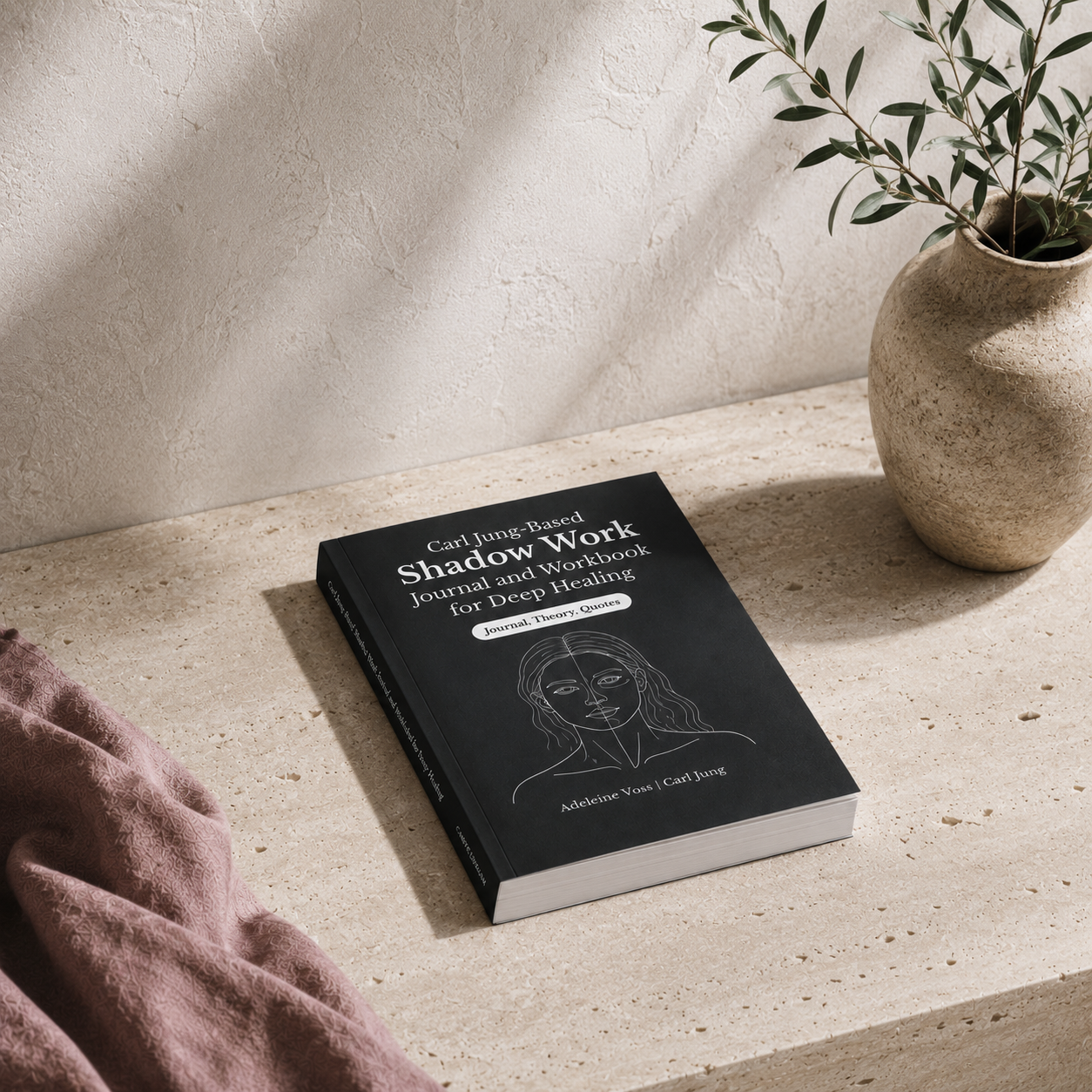 Carl Jung-Based Shadow Work Journal and Workbook for Deep Healing paperback by Adeleine Voss and Carl Jung displayed at a slight angle on a light travertine surface with a visible spine, page block, and cover details, highlighting the journal's realistic construction, print quality, and thoughtful design in cool natural light. — for Carpe Diem Dream