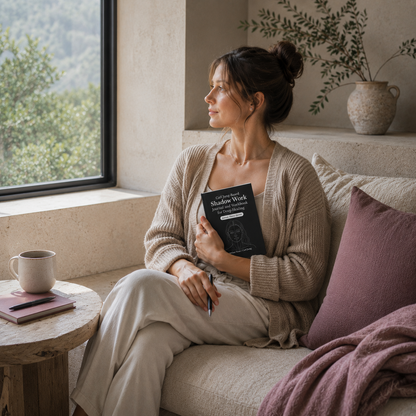 Carl Jung-Based Shadow Work Journal and Workbook for Deep Healing paperback by Adeleine Voss and Carl Jung held naturally by a woman seated in a bright window-side sanctuary, with a pen in hand, soft mauve textiles, and cool natural light creating an atmosphere of self-reflection, emotional healing, mindfulness, and personal growth. — for Carpe Diem Dream