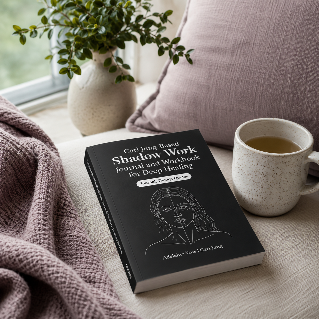 Carl Jung-Based Shadow Work Journal and Workbook for Deep Healing paperback by Adeleine Voss and Carl Jung resting naturally in a bright window-seat reading nook with soft mauve textiles, a ceramic mug, natural greenery, and cool diffused daylight, creating an inviting atmosphere for self-reflection, emotional healing, mindfulness, and personal growth. — for Carpe Diem Dream