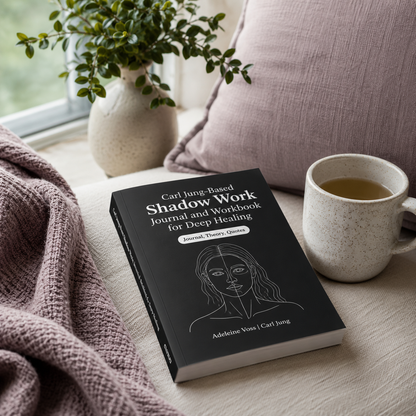 Carl Jung-Based Shadow Work Journal and Workbook for Deep Healing paperback by Adeleine Voss and Carl Jung resting naturally in a bright window-seat reading nook with soft mauve textiles, a ceramic mug, natural greenery, and cool diffused daylight, creating an inviting atmosphere for self-reflection, emotional healing, mindfulness, and personal growth. — for Carpe Diem Dream