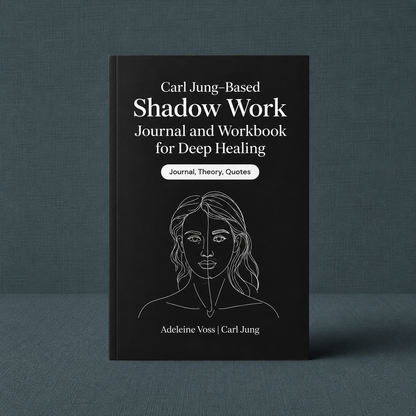 Carl Jung-Based Shadow Work Journal and Workbook for Deep Healing paperback by Adeleine Voss and Carl Jung displayed upright on a dark teal-grey linen background (#374F59), featuring a minimalist black cover with line-art portrait illustration and guided prompts for emotional healing, trauma recovery, self-discovery, and mindful living — for Carpe Diem Dream