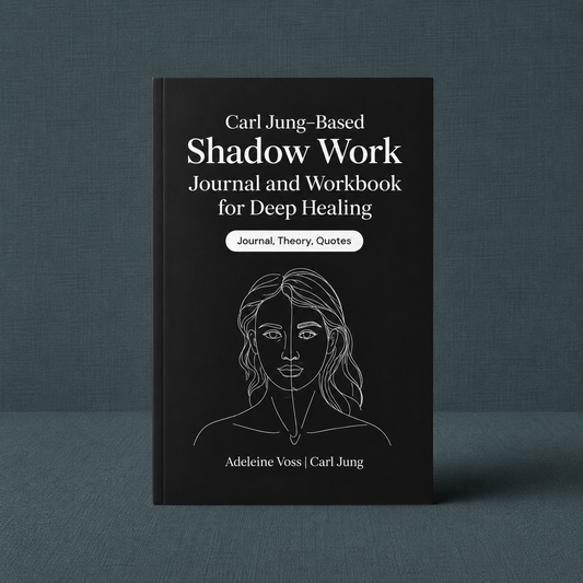 Carl Jung-Based Shadow Work Journal and Workbook for Deep Healing paperback by Adeleine Voss and Carl Jung displayed upright on a dark teal-grey linen background (#374F59), featuring a minimalist black cover with line-art portrait illustration and guided prompts for emotional healing, trauma recovery, self-discovery, and mindful living — for Carpe Diem Dream