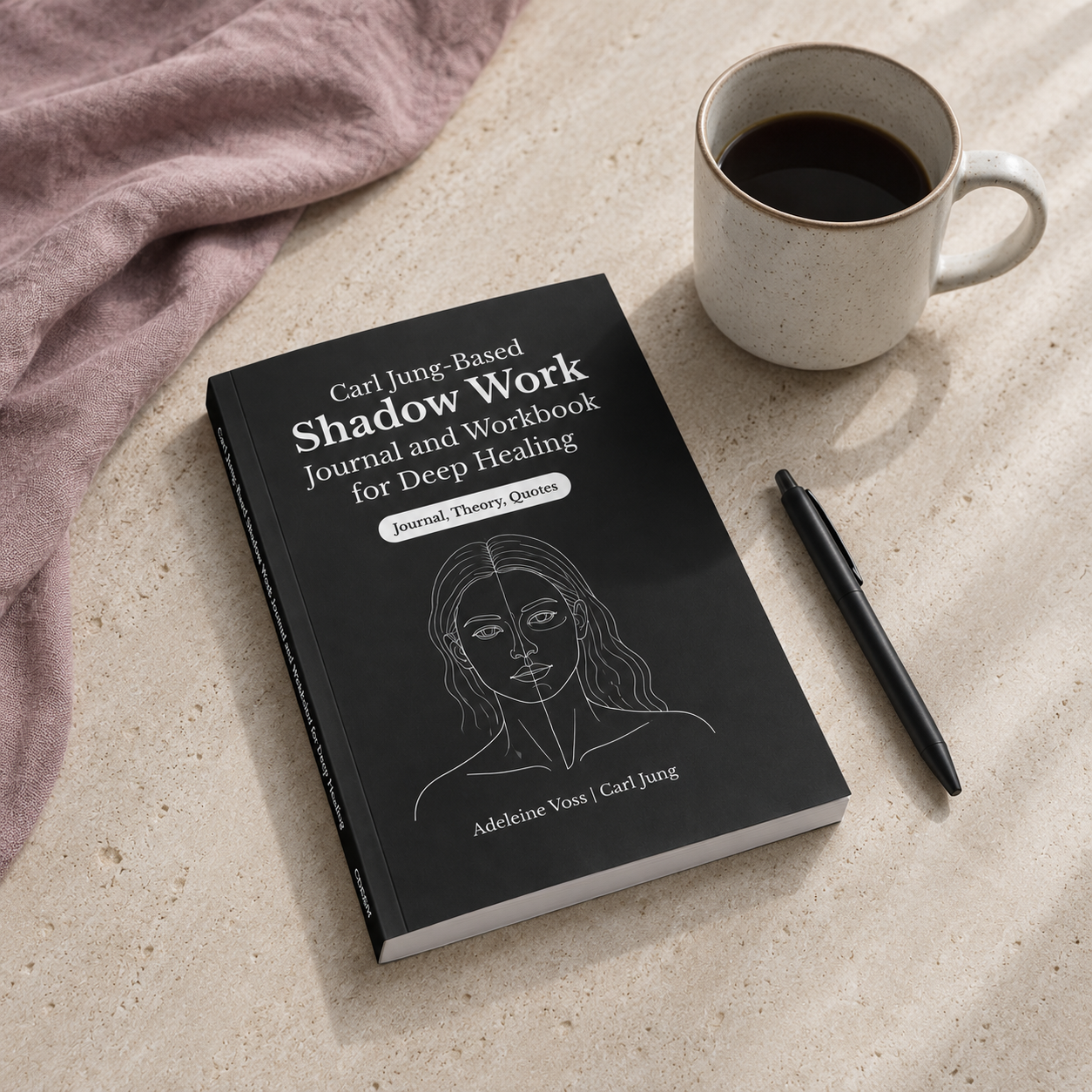 Carl Jung-Based Shadow Work Journal and Workbook for Deep Healing paperback by Adeleine Voss and Carl Jung displayed on a light travertine surface beside a ceramic mug, black pen, and soft mauve linen textile, demonstrating the journal's true size, realistic proportions, and physical presence in cool natural light. — for Carpe Diem Dream