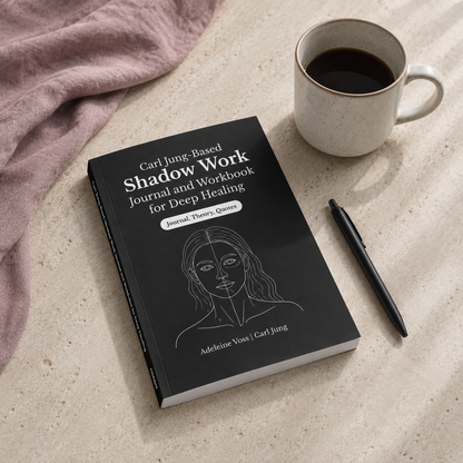 Carl Jung-Based Shadow Work Journal and Workbook for Deep Healing paperback by Adeleine Voss and Carl Jung displayed on a light travertine surface beside a ceramic mug, black pen, and soft mauve linen textile, demonstrating the journal's true size, realistic proportions, and physical presence in cool natural light. — for Carpe Diem Dream
