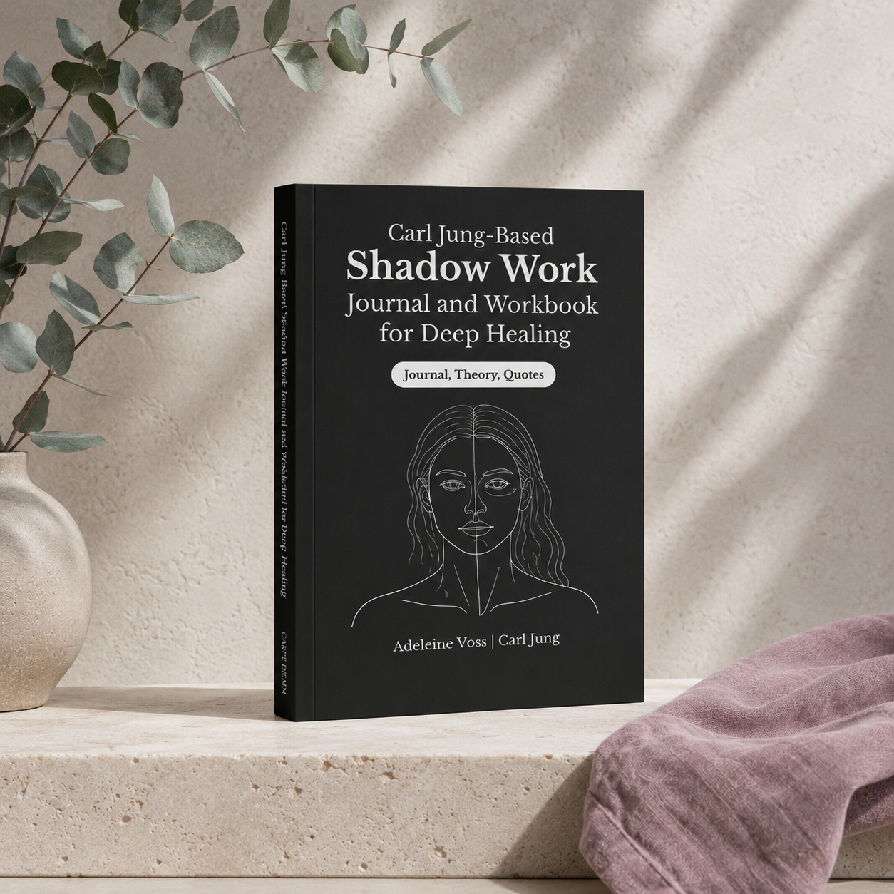 Carl Jung-Based Shadow Work Journal and Workbook for Deep Healing paperback by Adeleine Voss and Carl Jung displayed upright on a light limestone surface with soft eucalyptus greenery, a subtle mauve linen accent, and cool natural light, creating a refined botanical editorial presentation that highlights the journal's minimalist black cover and thoughtful design. — for Carpe Diem Dream