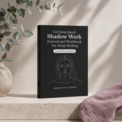 Carl Jung-Based Shadow Work Journal and Workbook for Deep Healing paperback by Adeleine Voss and Carl Jung displayed upright on a light limestone surface with soft eucalyptus greenery, a subtle mauve linen accent, and cool natural light, creating a refined botanical editorial presentation that highlights the journal's minimalist black cover and thoughtful design. — for Carpe Diem Dream