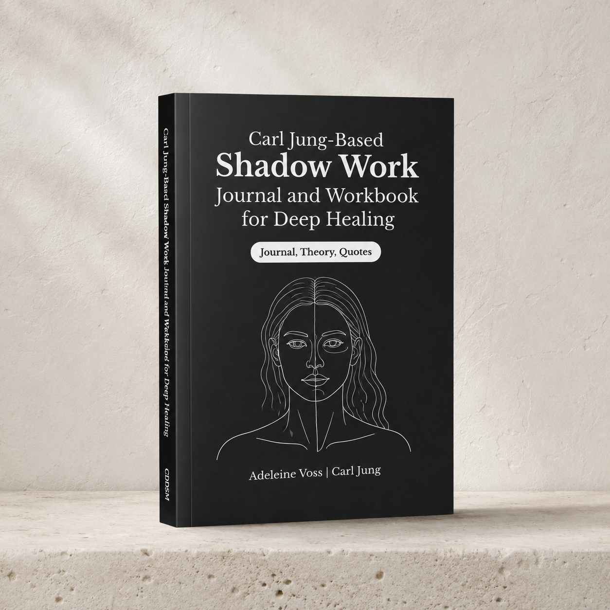 Carl Jung-Based Shadow Work Journal and Workbook for Deep Healing paperback by Adeleine Voss and Carl Jung displayed upright on a light limestone surface against a textured plaster backdrop, highlighting the minimalist black cover, typography, paperback construction, and clean editorial presentation in cool natural light. — for Carpe Diem Dream