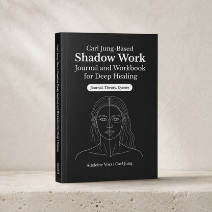 Carl Jung-Based Shadow Work Journal and Workbook for Deep Healing paperback by Adeleine Voss and Carl Jung displayed upright on a light limestone surface against a textured plaster backdrop, highlighting the minimalist black cover, typography, paperback construction, and clean editorial presentation in cool natural light. — for Carpe Diem Dream