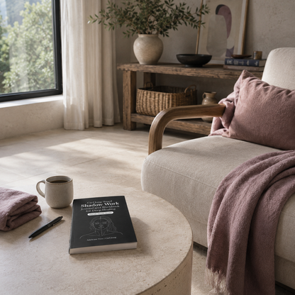 Carl Jung-Based Shadow Work Journal and Workbook for Deep Healing paperback by Adeleine Voss and Carl Jung resting on a light stone coffee table within a bright sanctuary-inspired living room featuring soft mauve textiles, natural wood, layered linens, and cool natural light, illustrating how the journal can become part of a daily practice of self-reflection, personal growth, and mindful living. — for Carpe Diem Dream