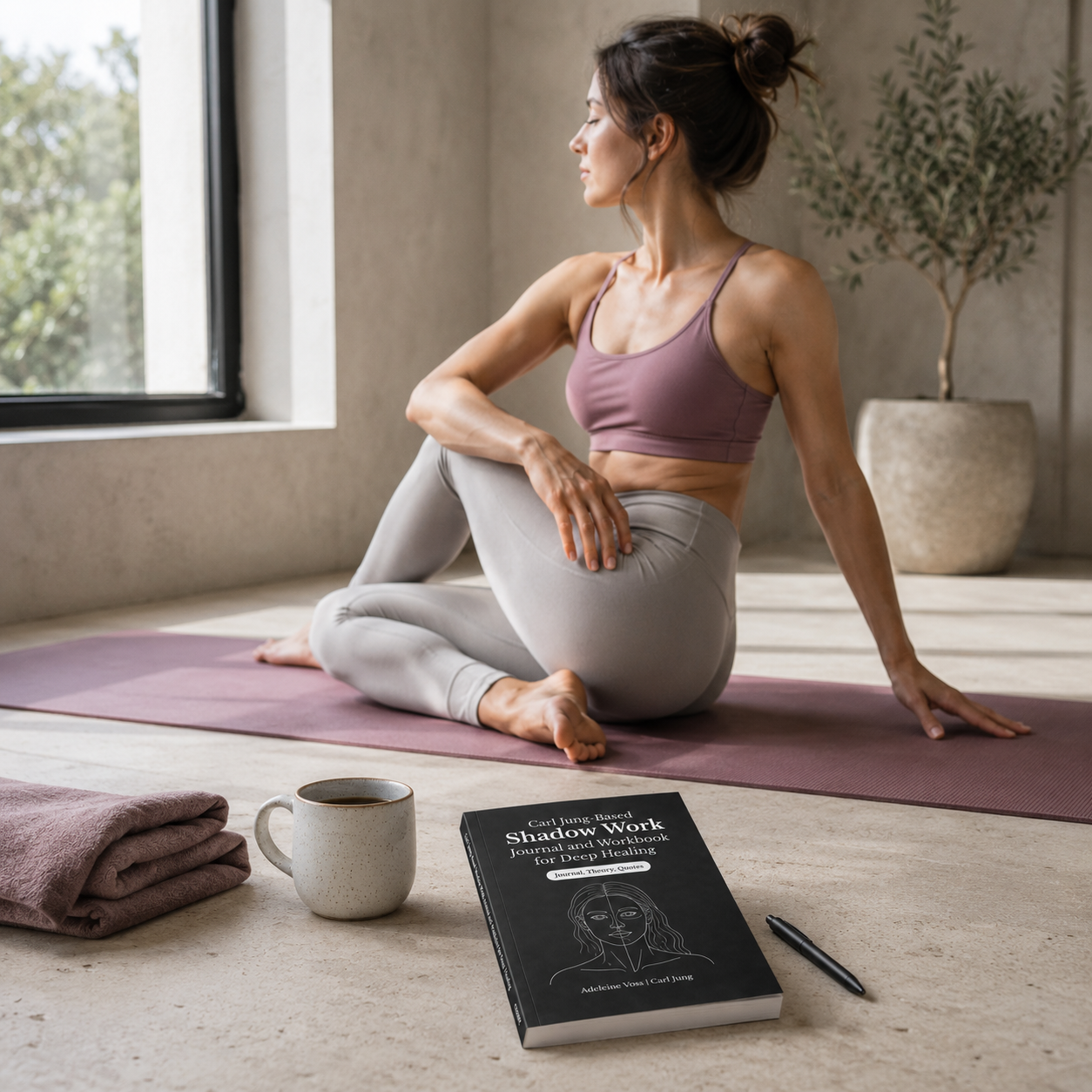 Carl Jung-Based Shadow Work Journal and Workbook for Deep Healing paperback by Adeleine Voss and Carl Jung resting beside a yoga mat, ceramic mug, folded mauve linen textile, and pen while a woman practices a gentle wellness routine in a bright home sanctuary with cool natural light. — for Carpe Diem Dream