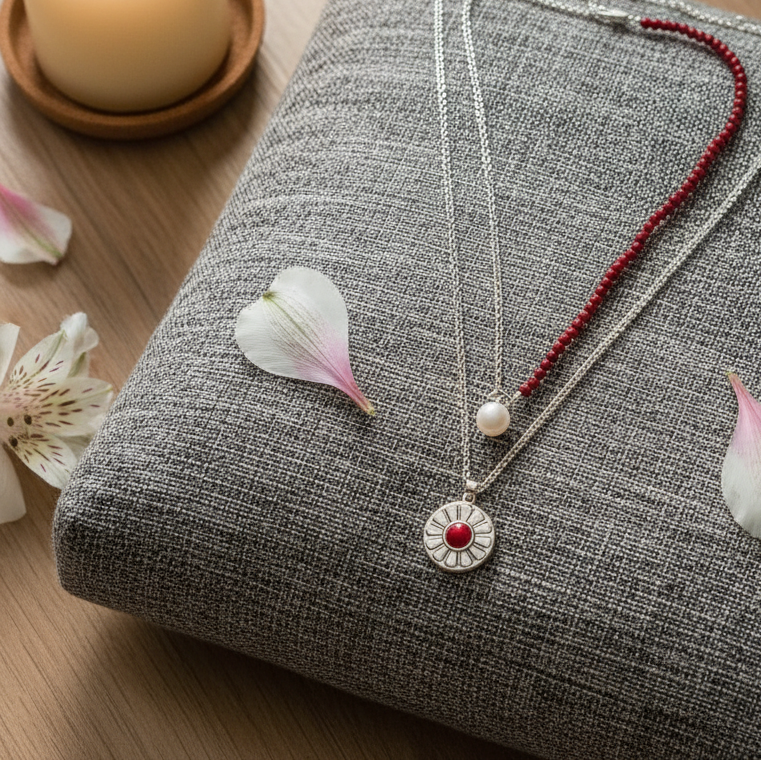 A layered necklace set with a red carnelian pendant and a freshwater pearl choker displayed on a textured cushion alongside soft floral petals in a calm meditation setting. — for Carpe Diem Dream
